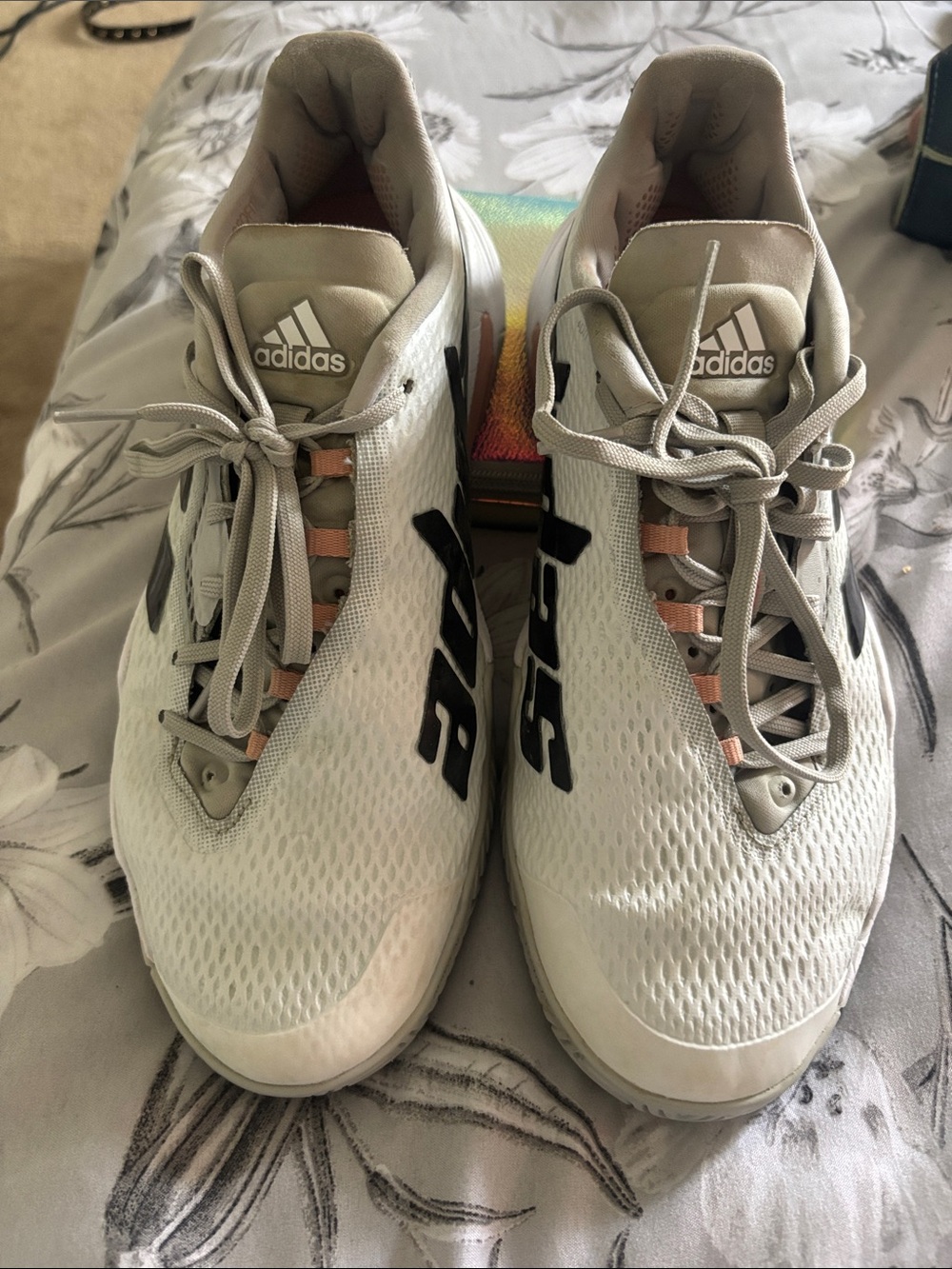 adidas women’s White Athletic Shoes with Black Logos and Tan Accents